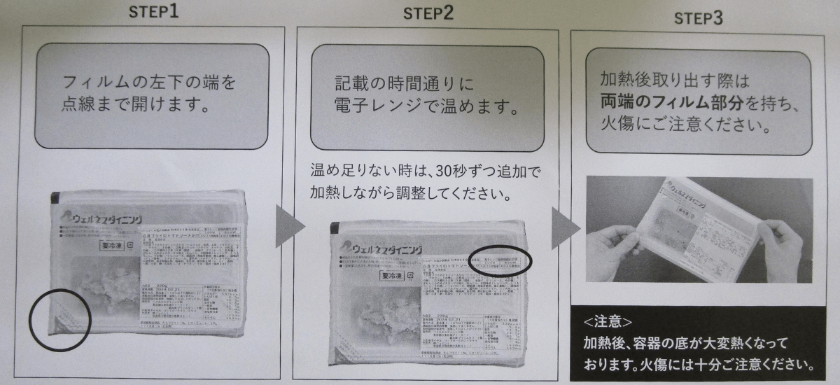 ウェルネスダイニングは電子レンジで温めるだけですぐに食べられます。